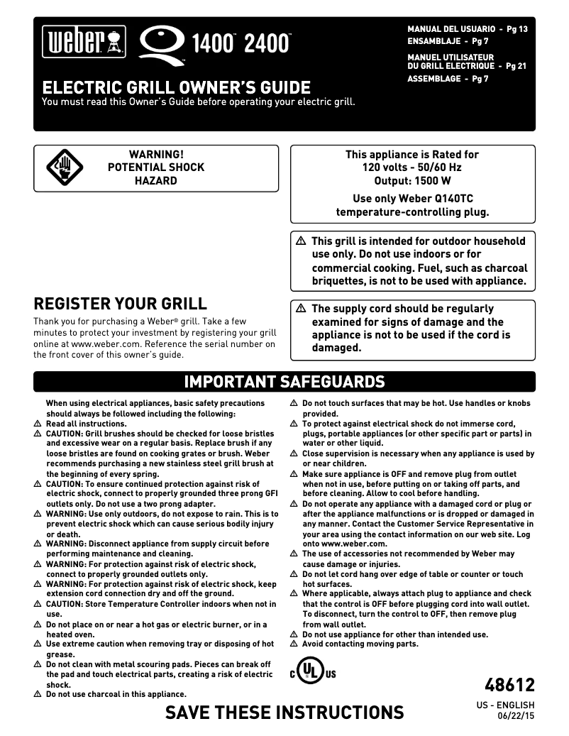 Page 1 de la notice Manuel utilisateur Weber Q 1400