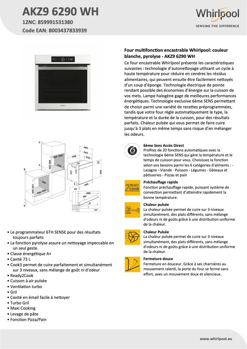 Página 1 del manual Ficha técnica Whirlpool AKZ9 6290 WH