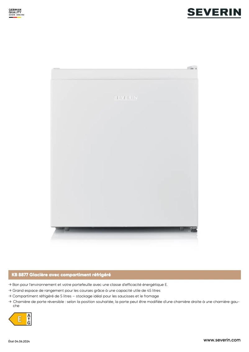 Page 1 de la notice Fiche technique Severin KB 8877
