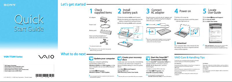 Page 1 de la notice Guide d'installation Sony Vaio VGN-TT250D