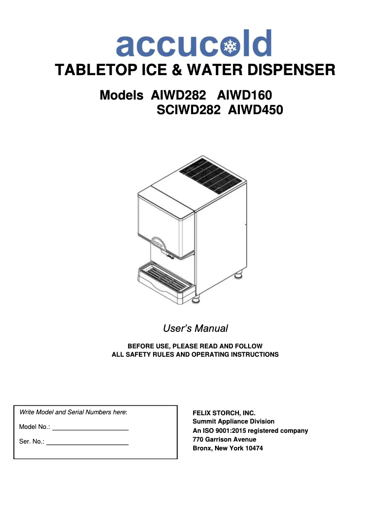 Page 1 de la notice Manuel d'utilisation et d'entretien Accucold AIWD282