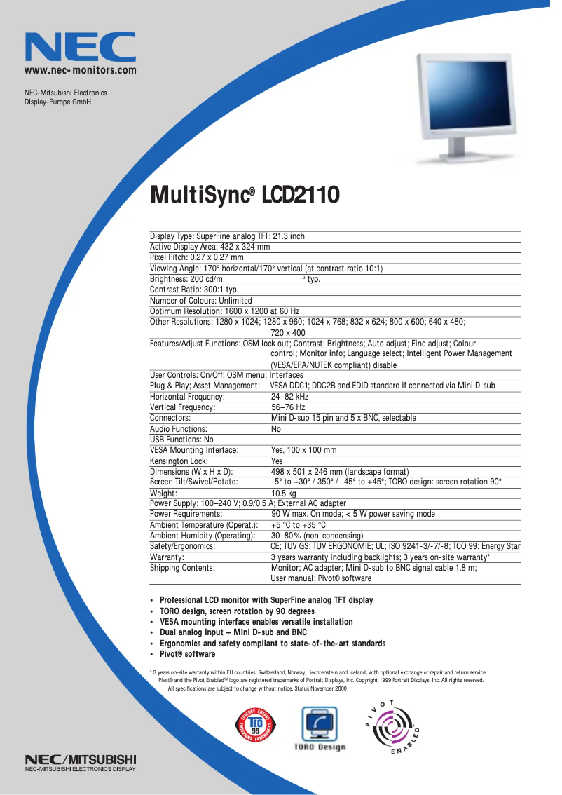 Page 1 de la notice Fiche technique NEC MultiSync LCD2110