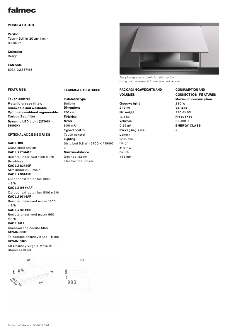 Página 1 del manual Ficha técnica Falmec Virgola Touch