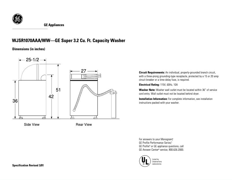 Page n°1 - Fiche technique GE WJSR1070AAA