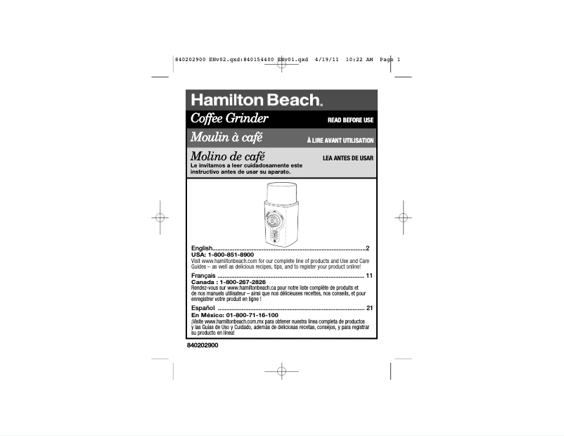 Page 1 de la notice Manuel utilisateur Hamilton Beach 80370