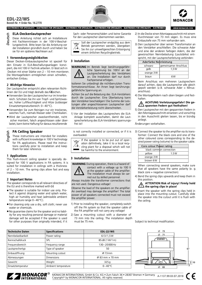 Page 1 de la notice Manuel utilisateur Monacor EDL-22/WS