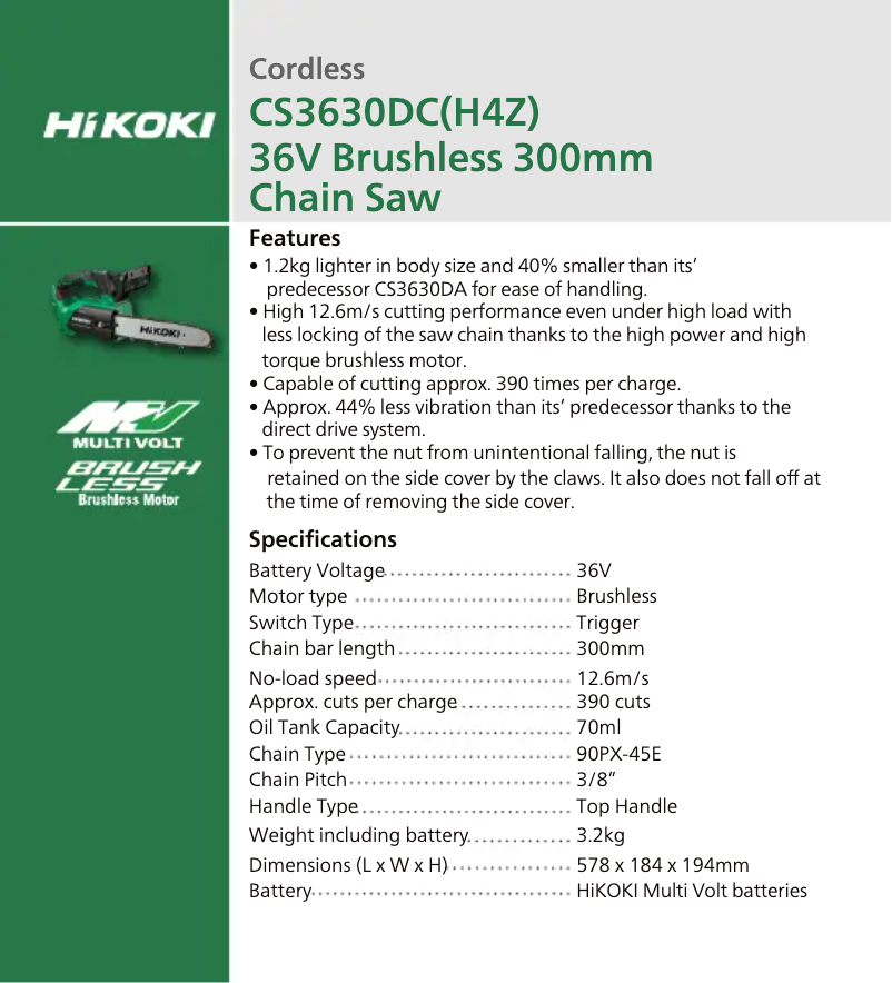 Page 1 de la notice Fiche technique HiKOKI CS3630DC