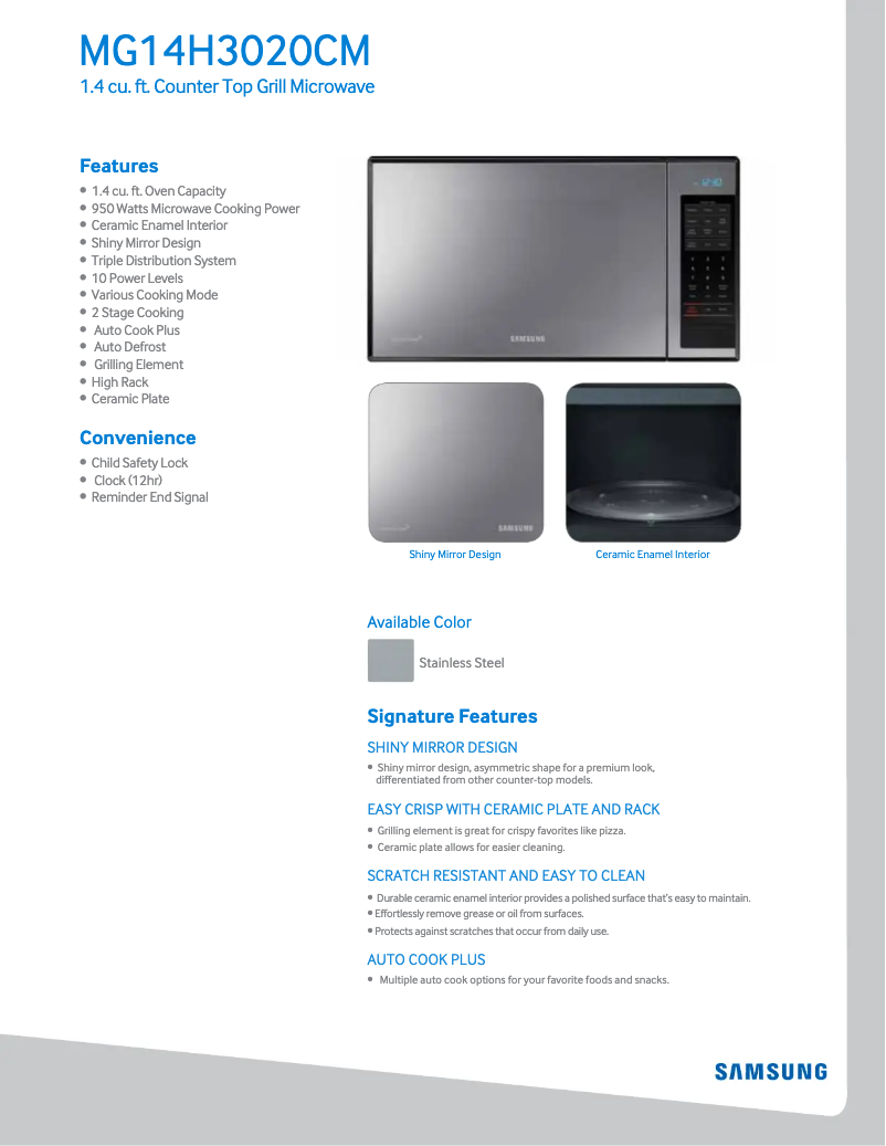 Page 1 de la notice Fiche technique Samsung MG14H3020CM