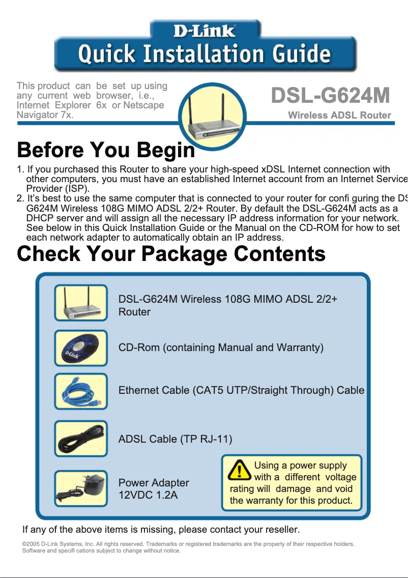 Page 1 de la notice Guide d'installation D-Link DSL-G624M
