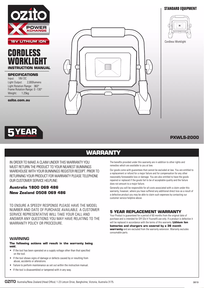 Page 1 de la notice Manuel utilisateur Ozito PXWLS-2000