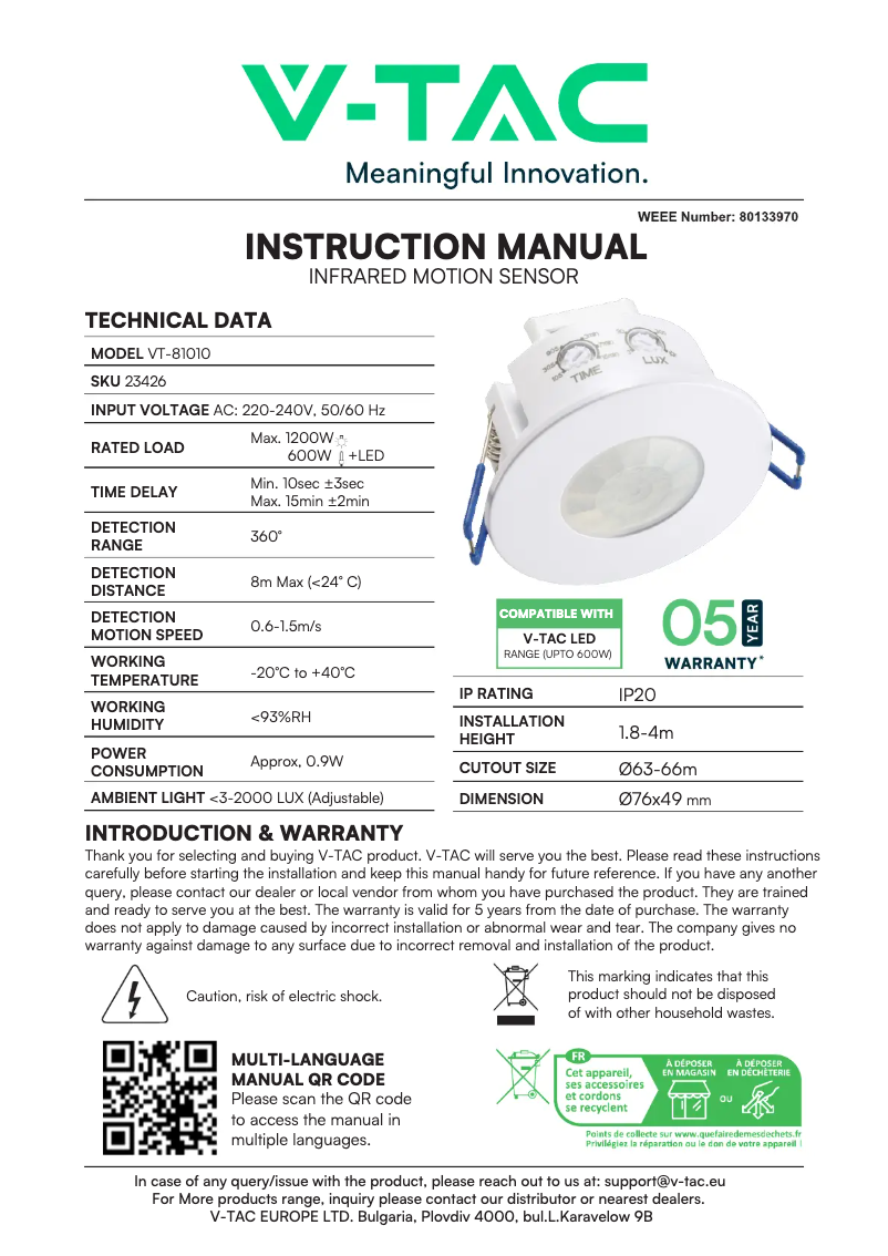 Page 1 de la notice Manuel utilisateur V-TAC VT-81010