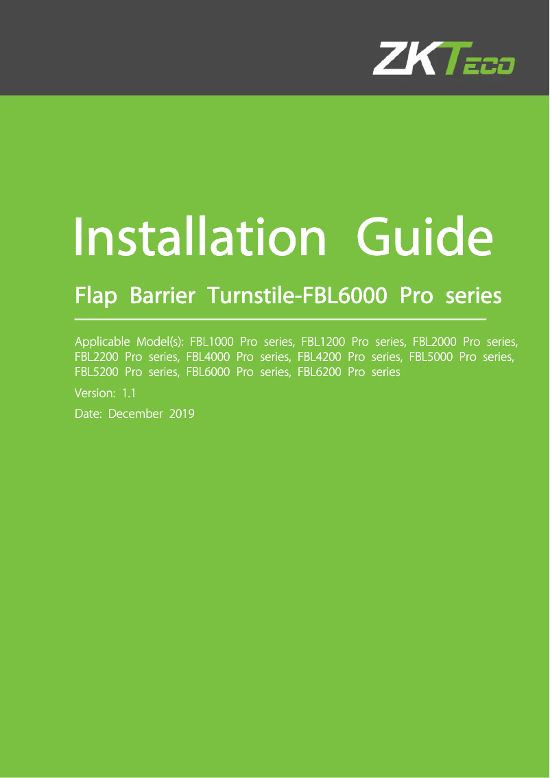Page 1 of the manual Installation Guide ZKTeco FBL1200 PRO