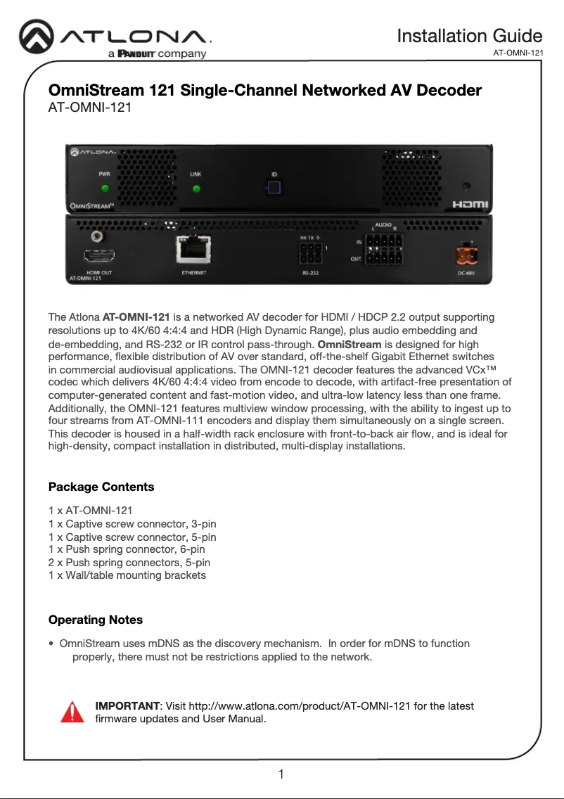 Page 1 de la notice Guide d'installation Atlona AT-OMNI-121