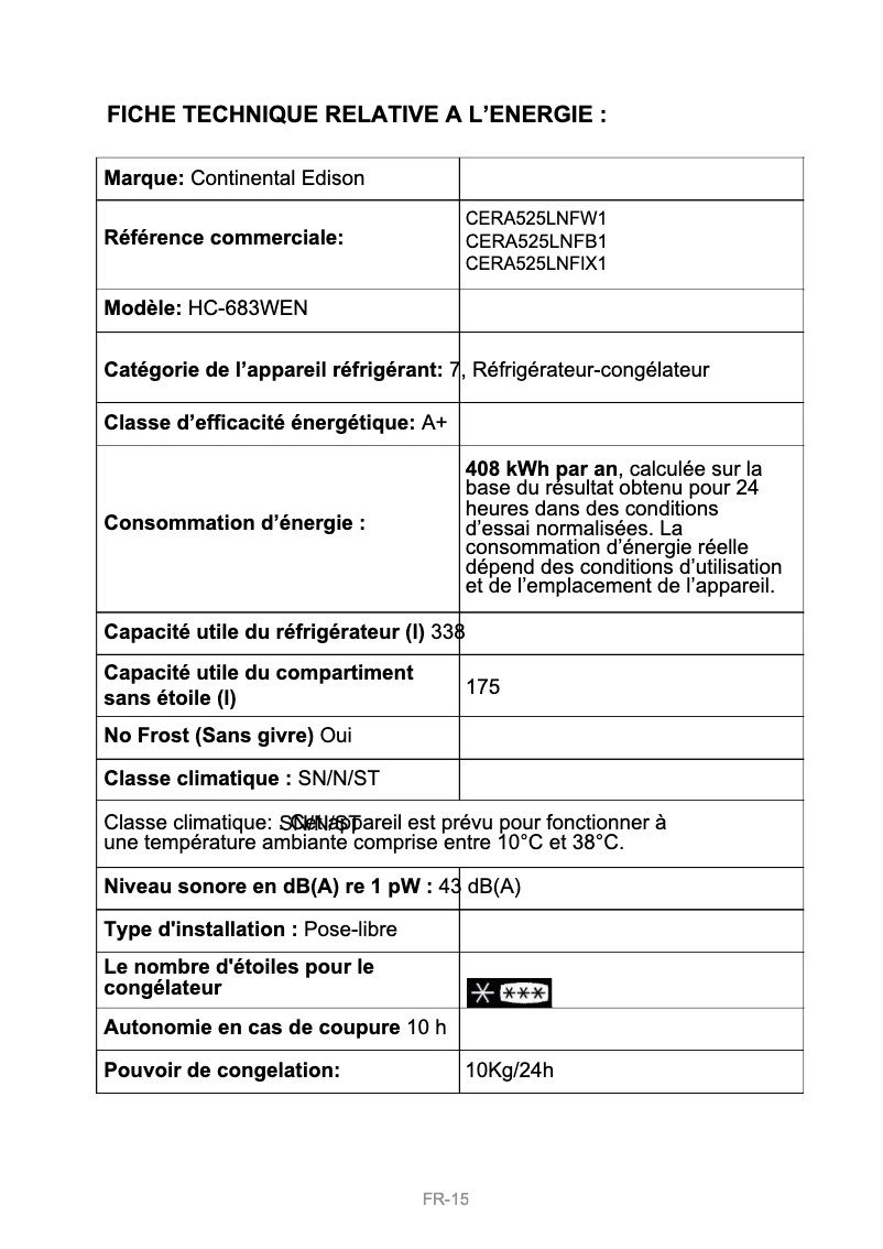 Page 1 de la notice Label énergétique Continental Edison CERA525LNFW1