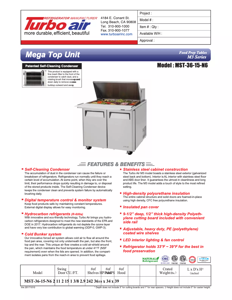 Página 1 del manual Ficha técnica Turbo air MST-36-15