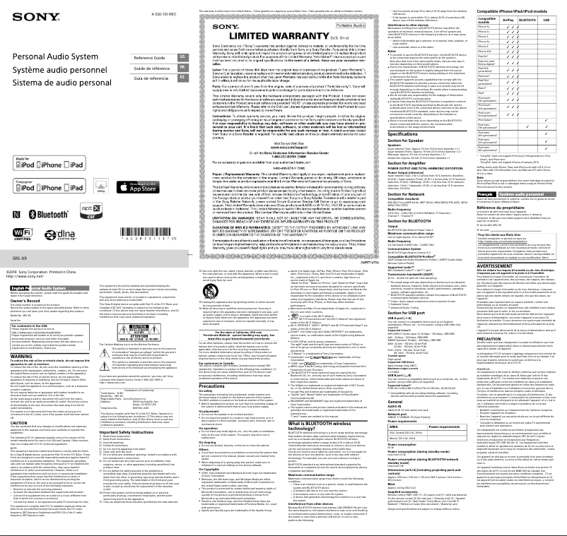 Page 1 de la notice Manuel utilisateur Sony SRS-X9
