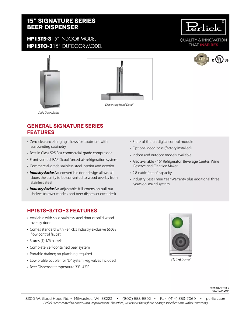 Page 1 de la notice Fiche technique Perlick Signature Series HP15TS-3-2L