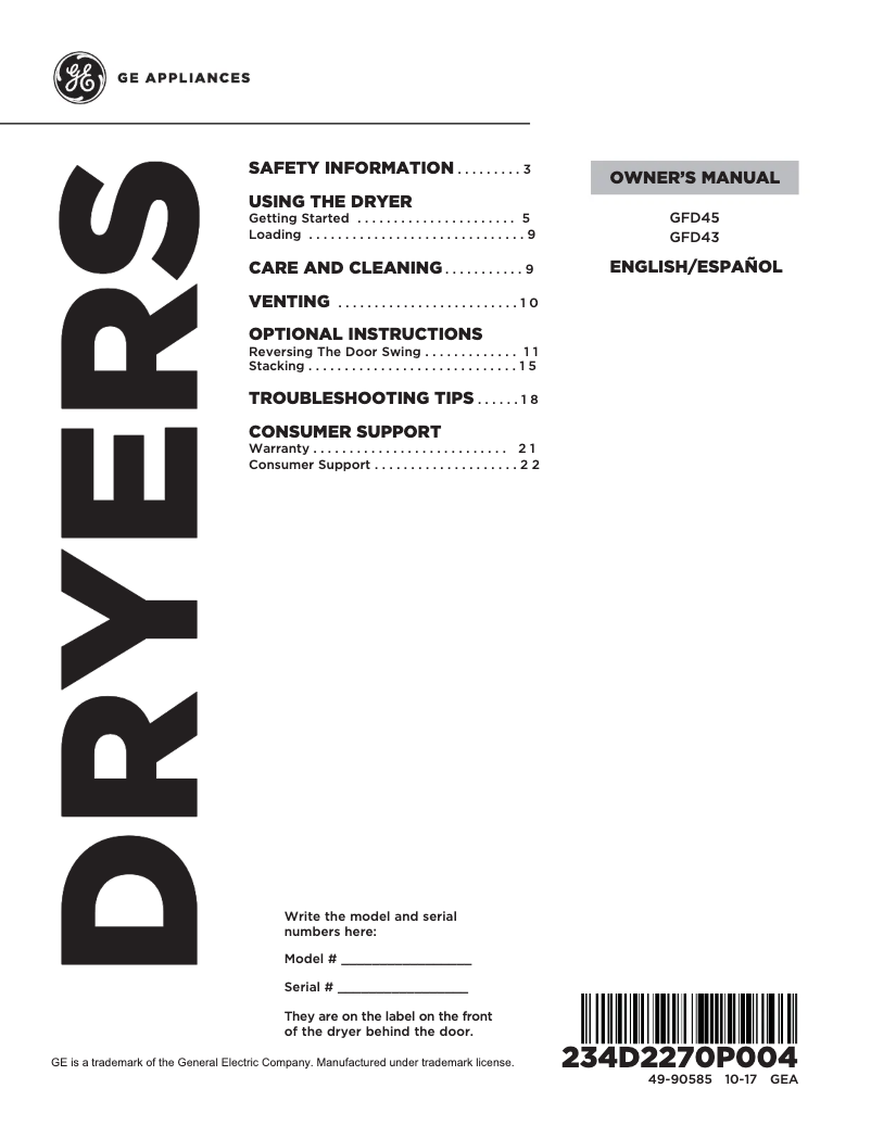 Page n°1 - Manuel utilisateur GE GFD43ESSMWW