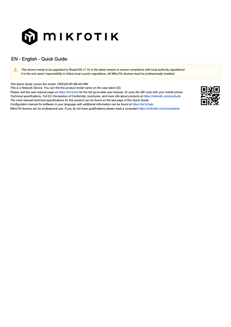Page 1 de la notice Manuel utilisateur Mikrotik CRS320-8P-8B-4S