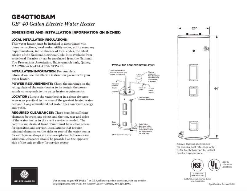 Page 1 of the manual Technical Sheet GE GE40T10BAM