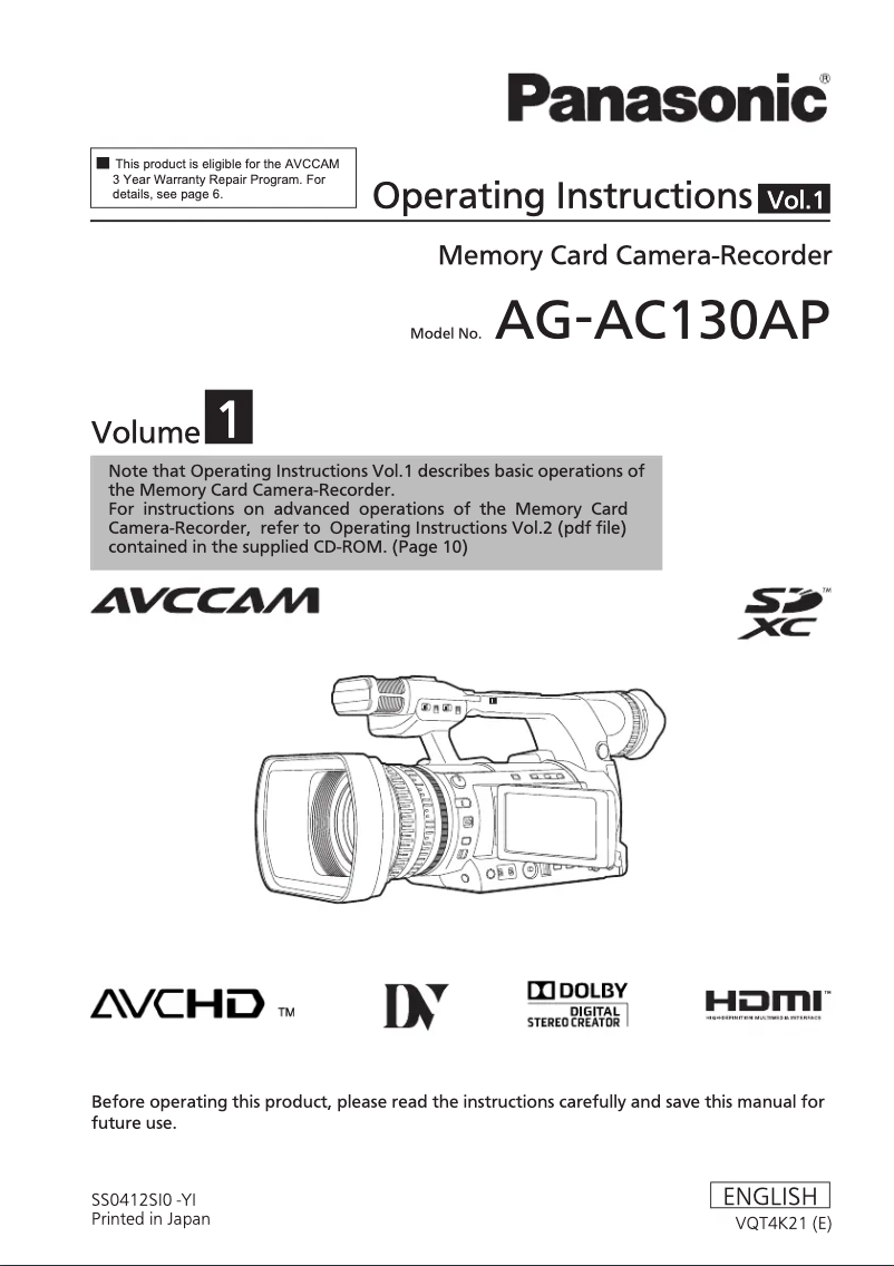 Page 1 de la notice Manuel utilisateur Panasonic AG-AC130AP