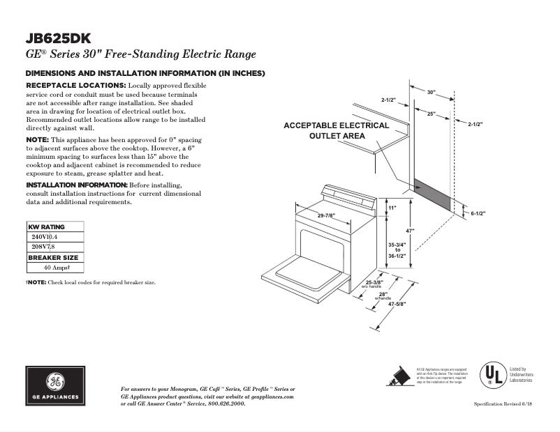 Page n°1 - Fiche technique GE JB625DKBB