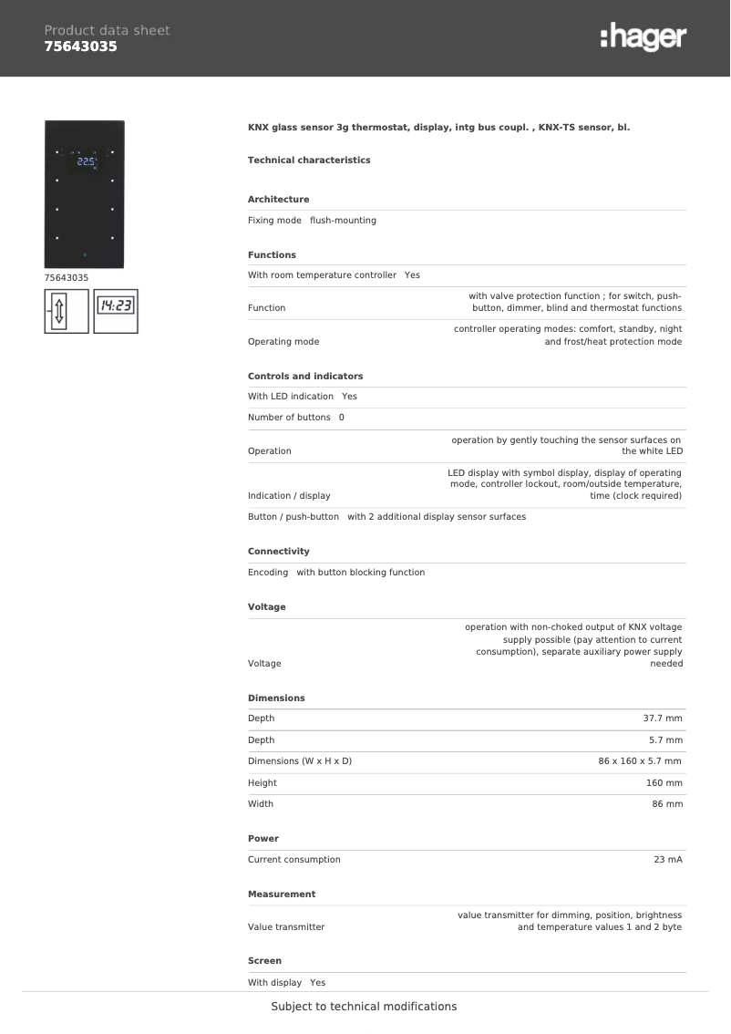 Page 1 de la notice Fiche technique Hager 75643035