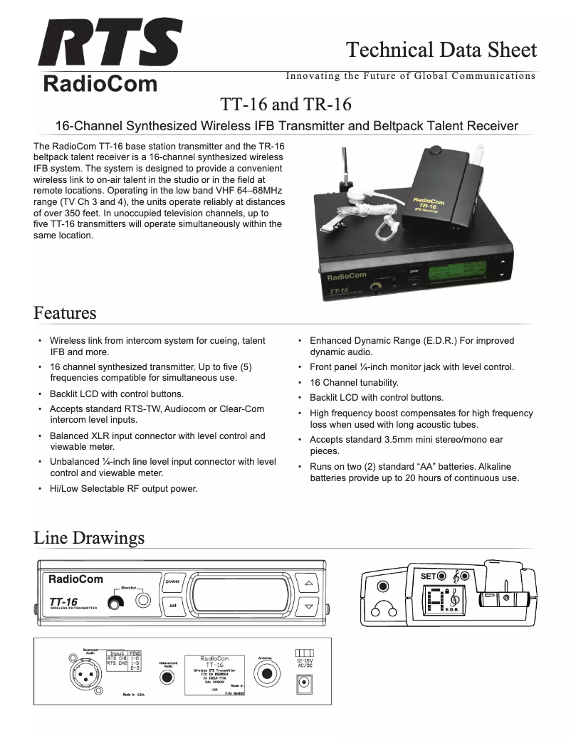 Page 1 de la notice Fiche technique RTS TT-16