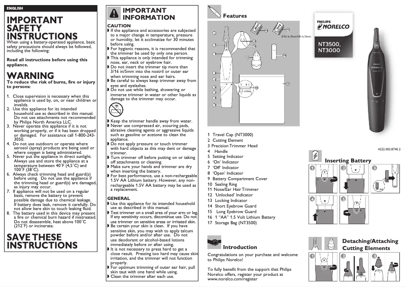 Page 1 of the manual User Manual Philips Norelco NoseTrimmer 3500 NT3500