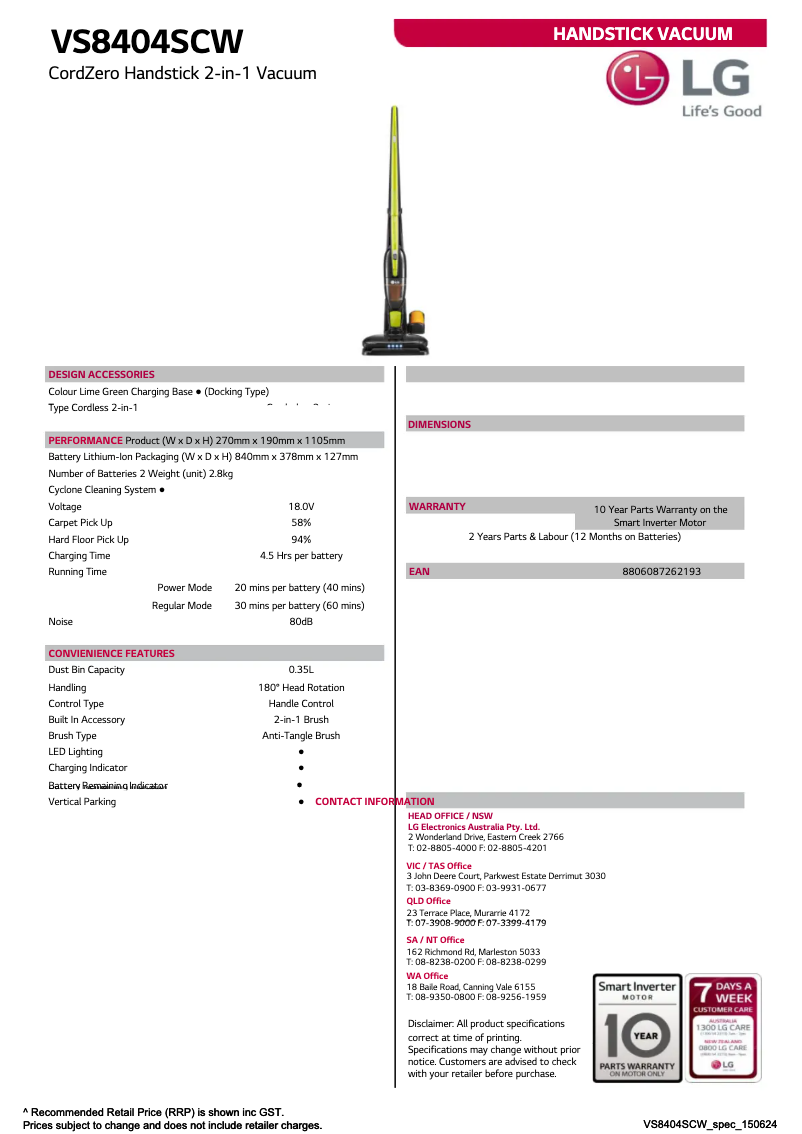 Página 1 del manual Ficha técnica LG VS8404SCW