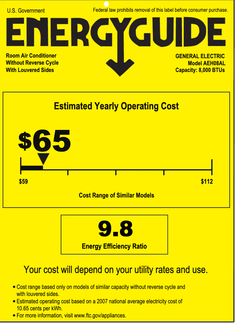 Page 1 de la notice Label énergétique GE AEH08AL