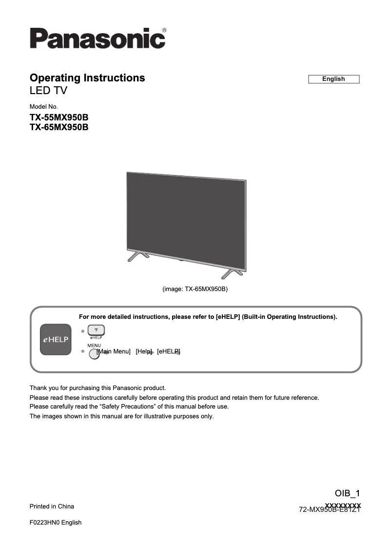 Page 1 of the manual Quick Start Guide Panasonic TX-65MX950B