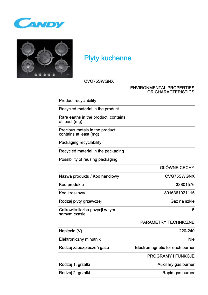 Page 1 of the manual Technical Sheet Candy CVG75SWGNX
