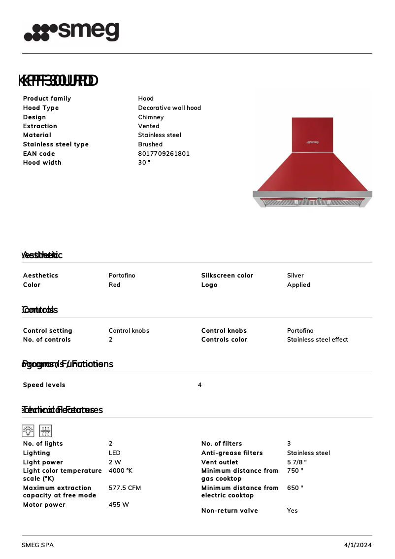 Page 1 de la notice Fiche technique Smeg KPF30URD