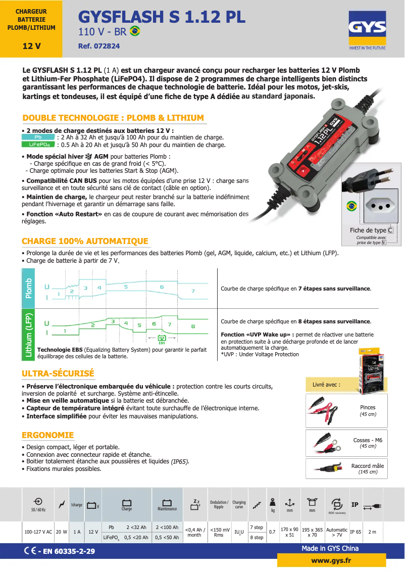 Page 1 de la notice Fiche technique GYS Gysflash S 1.12 PL