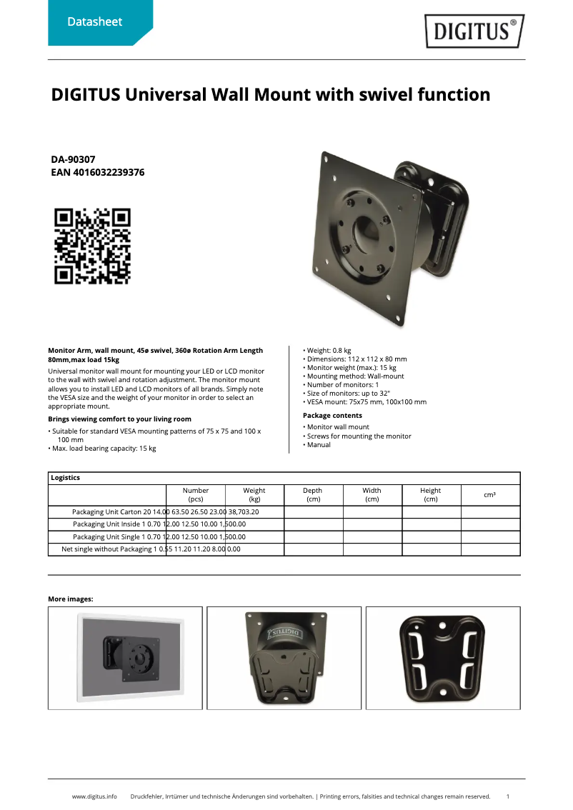 Page 1 de la notice Fiche technique Digitus DA-90307