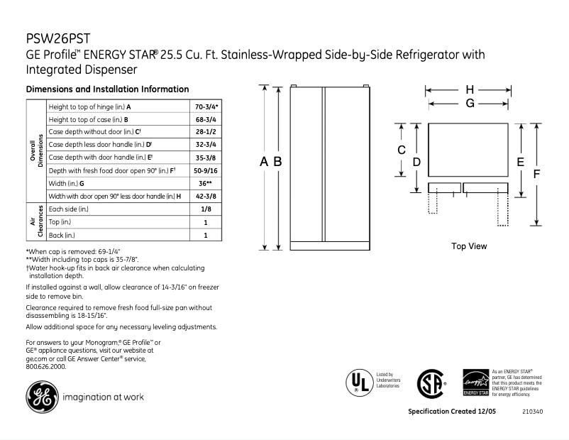 Página 1 del manual Ficha técnica GE Profile PSW26PSTSS
