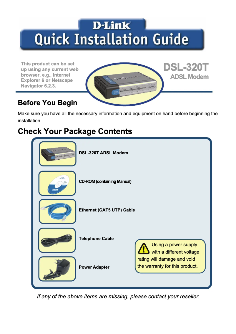 Page 1 de la notice Guide d'installation D-Link DSL-320T