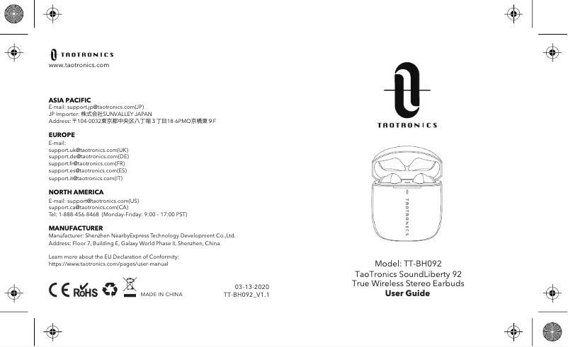 Page 1 de la notice Manuel utilisateur TaoTronics TT-BH092