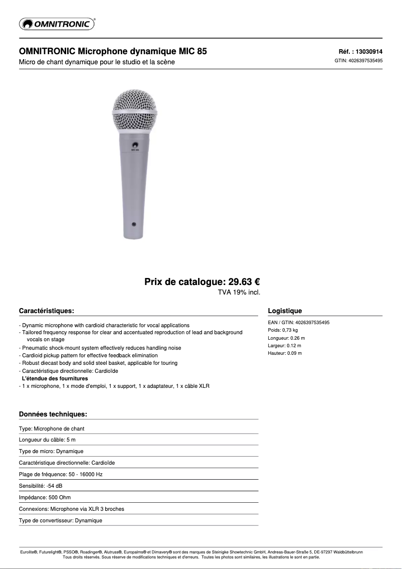 Page 1 de la notice Fiche technique Omnitronic MIC 85