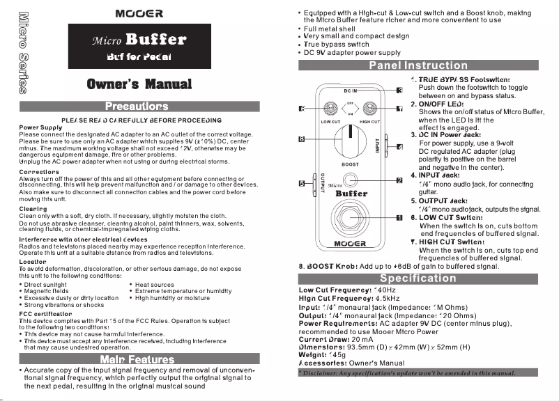 Page 1 de la notice Manuel utilisateur Mooer Micro Buffer