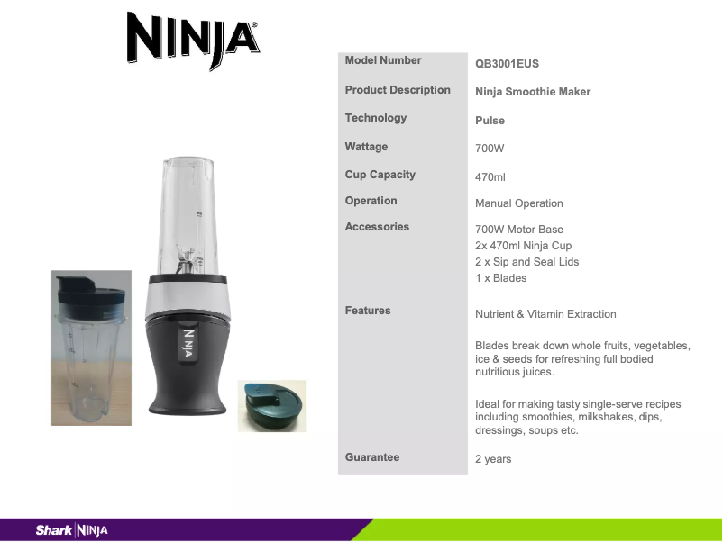 Page 1 de la notice Fiche technique Ninja QB3001EUS