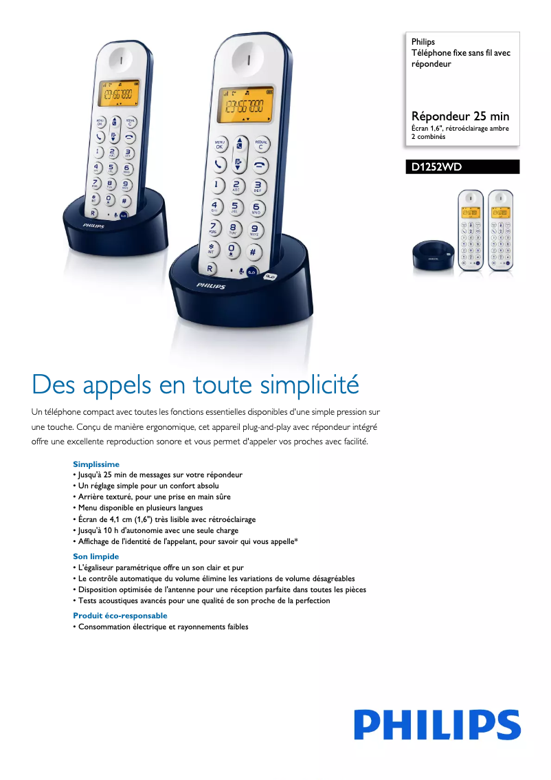 Página 1 del manual Ficha técnica Philips D1252WD