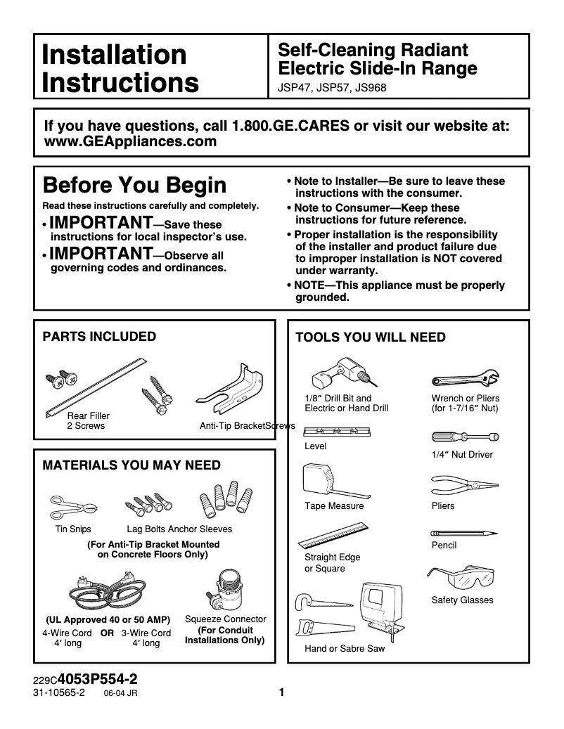 Page 1 of the manual Installation Guide GE Profile JS968SFSS