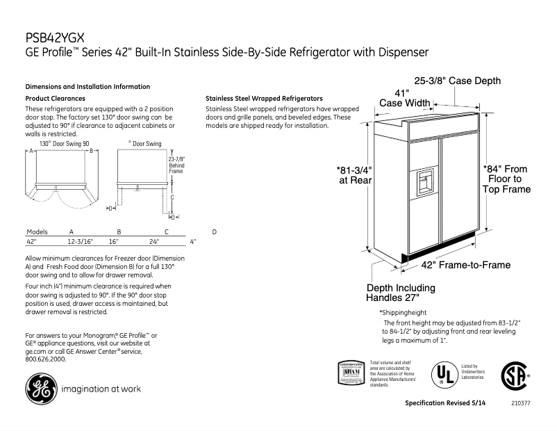 Page 1 of the manual Technical Sheet GE PSB42YGXSV