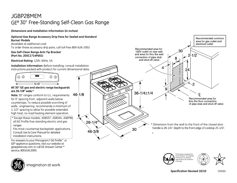 Page 1 of the manual Technical Sheet GE JGBP28MEMBS