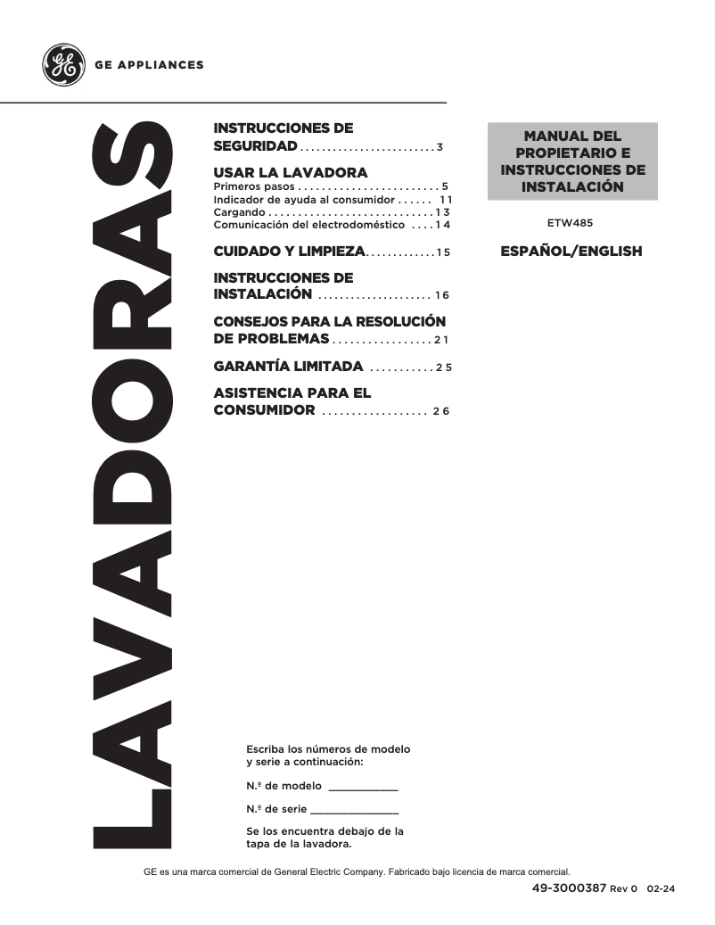 Page 1 of the manual Installation Guide GE ETW485ASWWB