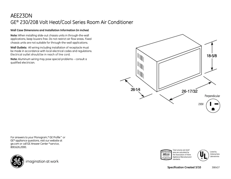 Page 1 of the manual Technical Sheet GE AEE23DN