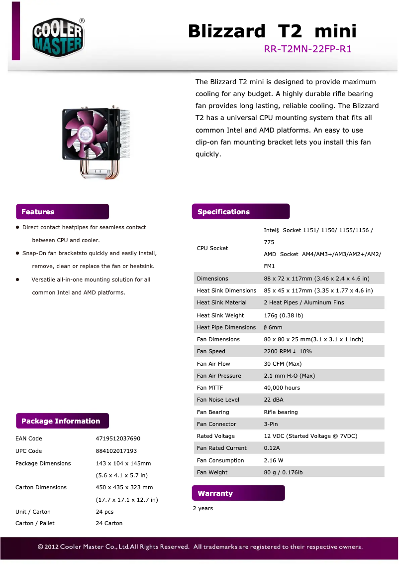 Page 1 de la notice Fiche technique Cooler Master Blizzard T2 Mini