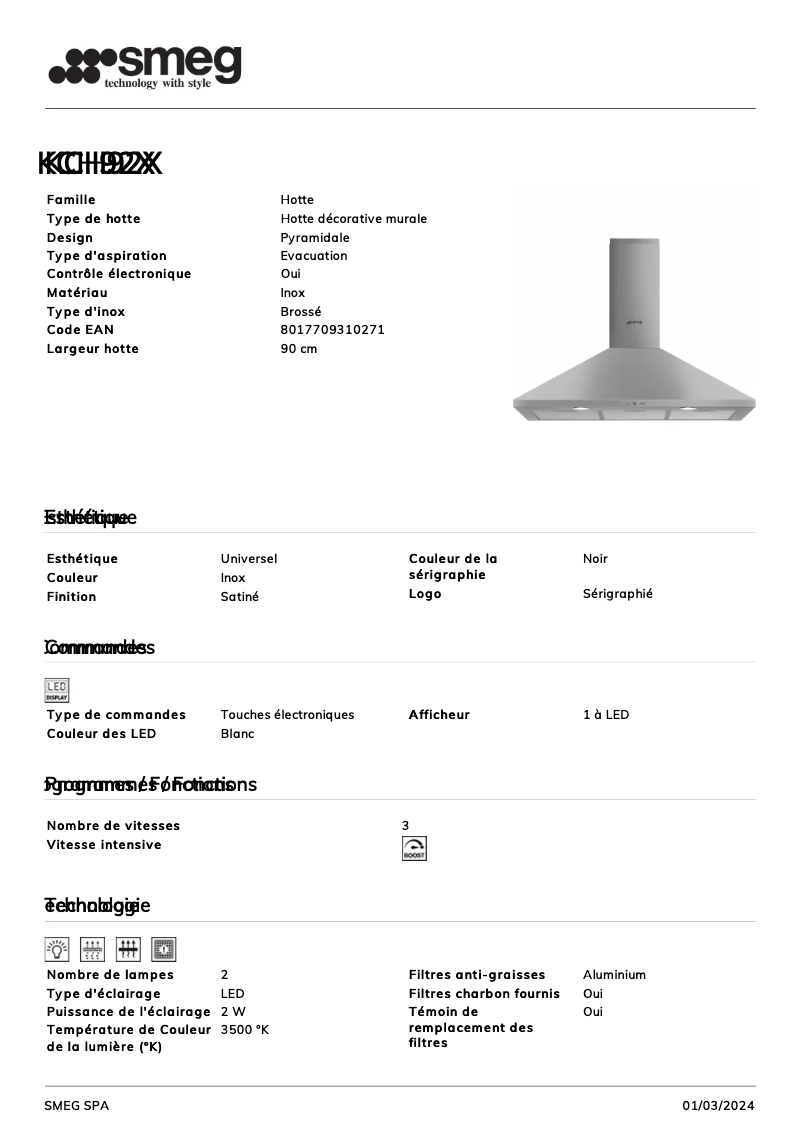 Page 1 de la notice Fiche technique Smeg KCH92X